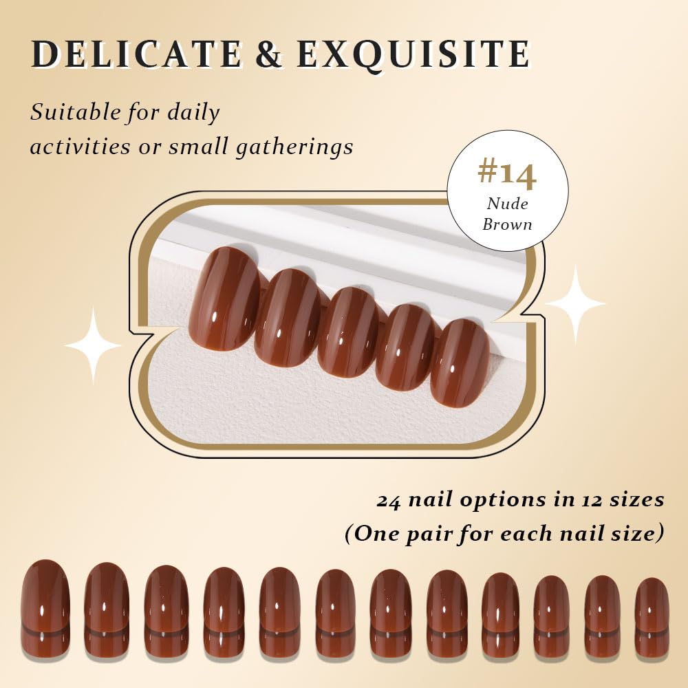 evpct Cool Brown Medium Oval Glossy Press on Nails for Women Gift, Glossy Nude Brown Fake Nail with Kits Manicure Kit, Soft Gel Full Cover Reusable Stick on Soft Acrylic False Nails Perfectly Fit