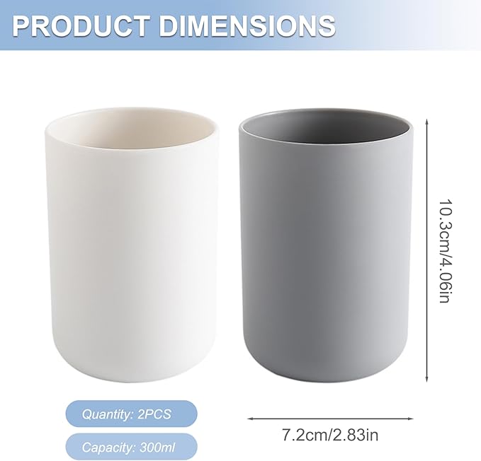 Plastic Toothbrush Cup - Bathroom Toothbrush Holder for Toothbrushes, Holders & Cups, 11 OZ (White&Grey), Bathroom Holder