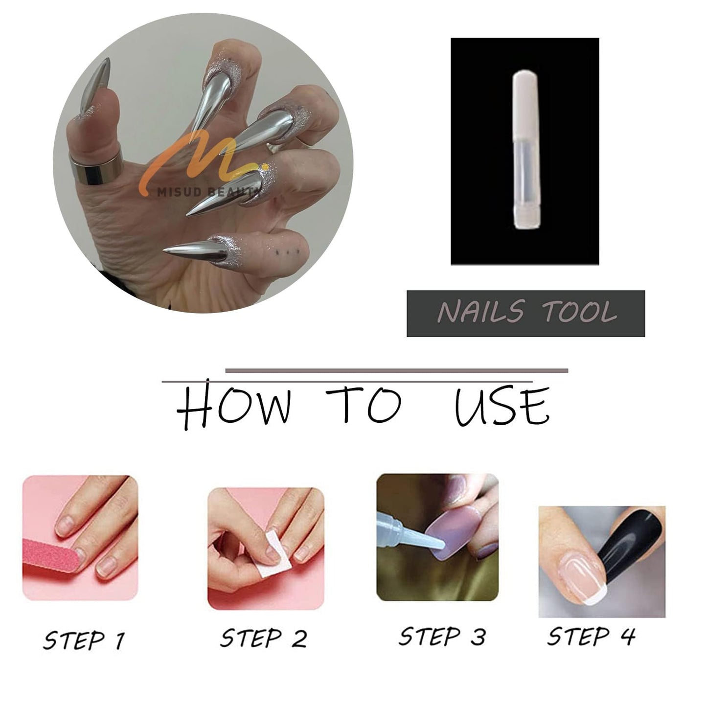 MISUD Press on Nails - Long Stiletto Glue on Nails with Silver Chrome, Acrylic Metallic Design 24 pcs