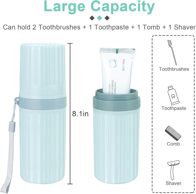 Mulbozy Travel Toothbrush Holder, Large Travel Toothbrush Cup Case, Portable Travel Toothbrush Toothpaste Makeup Storage for Business Trip Camping School - Blue