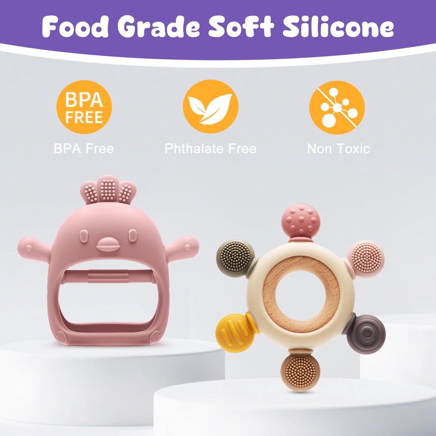 Easter 2 Pack Baby Teething Toys for 3-6 6-12 Months, BPA Free Silicone Teething Mitten & Teething Ring, Baby Teether Sensory Chewing Toys for Teething Relief, Baby Easter Basket Stuffers