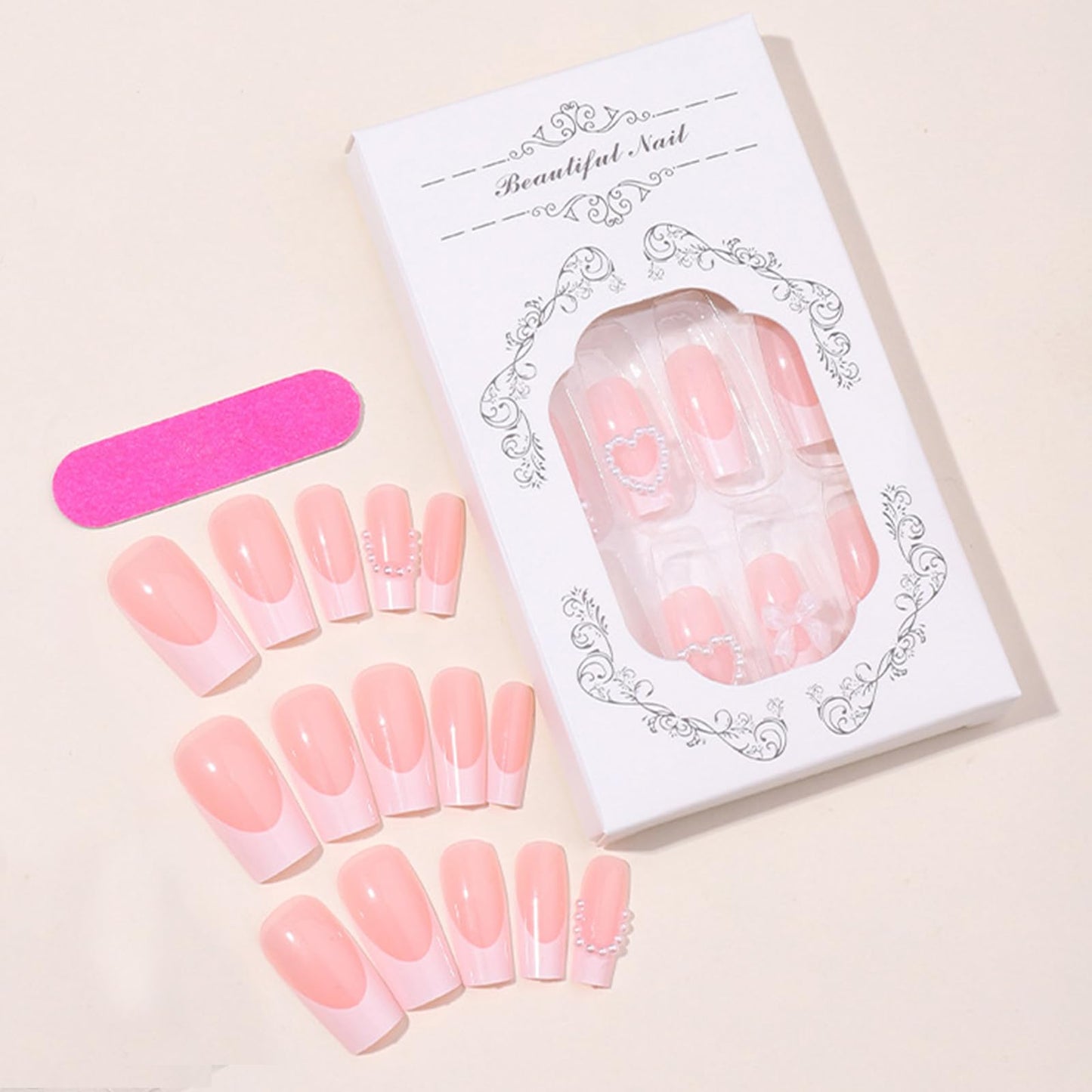 IMRAIN French Tips Press on Nails Long Square Pink Fake Nails 3D Flower Pearl False Nails Glue on Nails with Bow Heart Designs Glossy Full Cover Handmade Gel Acrylic Nail Set