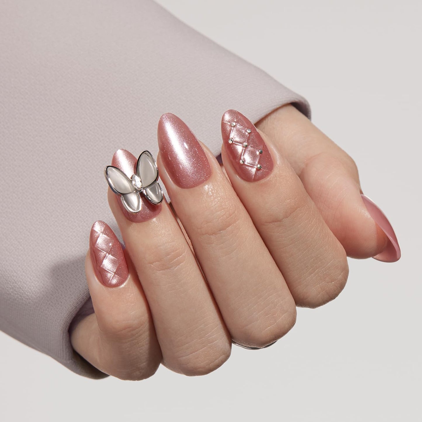 Press on Nails - Short Almond Pink Cat Eye Butterfly Nails & Blue Cat Eye - 2 Reusable Nails Kit (Nourishment Nails & Mini Pack) - 16 Sizes
