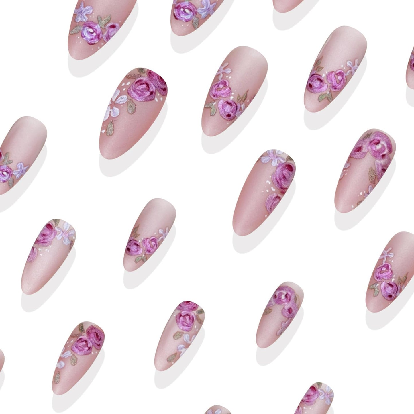 Spring Summer Press on Nails Almond Medium Fake Nails with Designs Pink Purple Flower Stick on Nail Matte Acrylic False Nail Cute Artificial Nail Full Cover Glue on Nails for Women 24Pcs