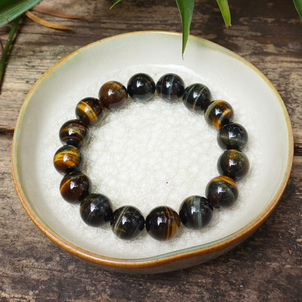 TaHLga 16MM Yellow Blue Tigers Eye Beaded Bracelet for Men | Natural Solar Plexus Chakra Gemstones | Bring Luck Wealth Courage | Protection from Evil | Gift