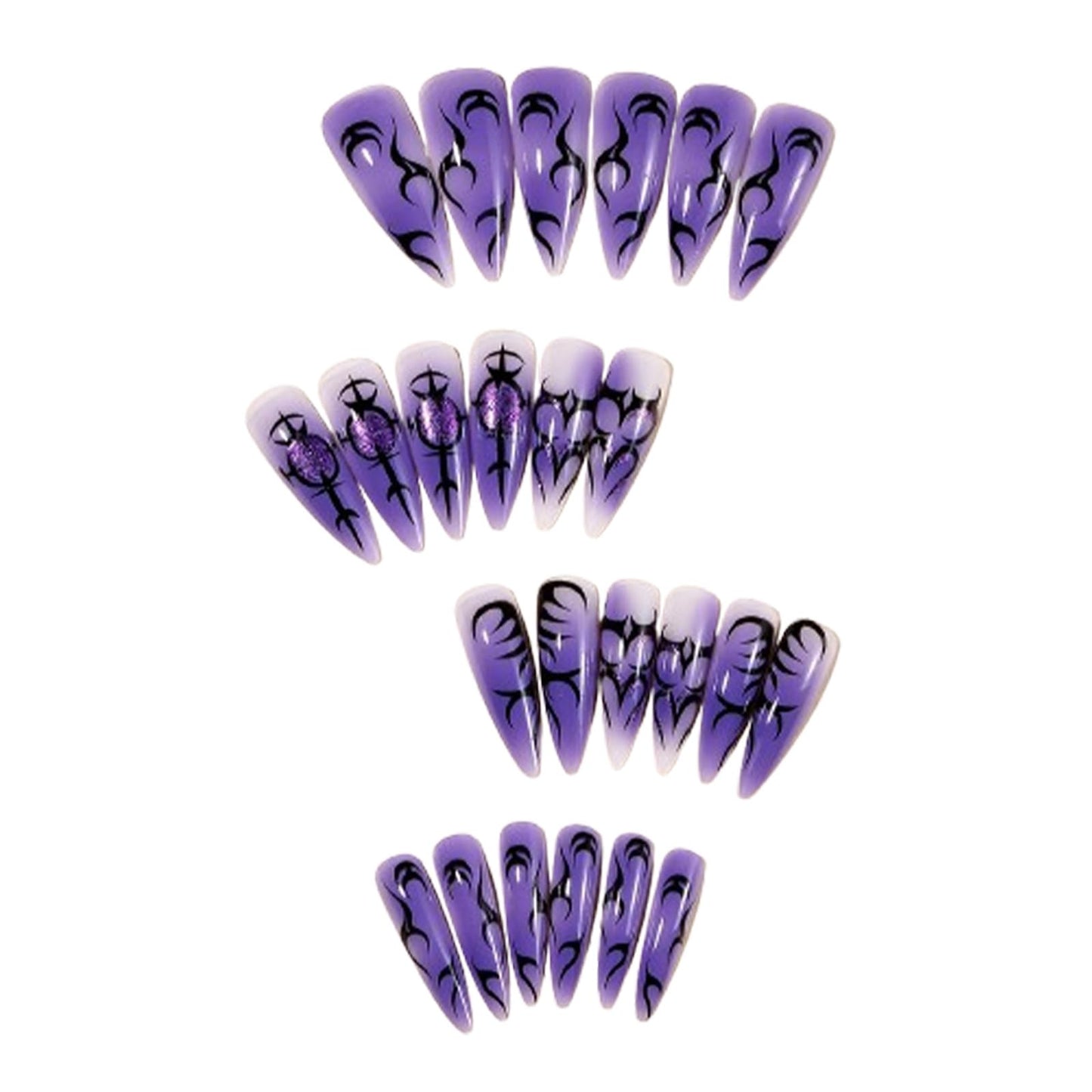 SINHOT Stiletto Press On Nails - Long Fake Nails, Glossy Finish, Purple Ombre & Black Pattern, DIY Nail Art - 24 Pcs Nail Kit with Glue
