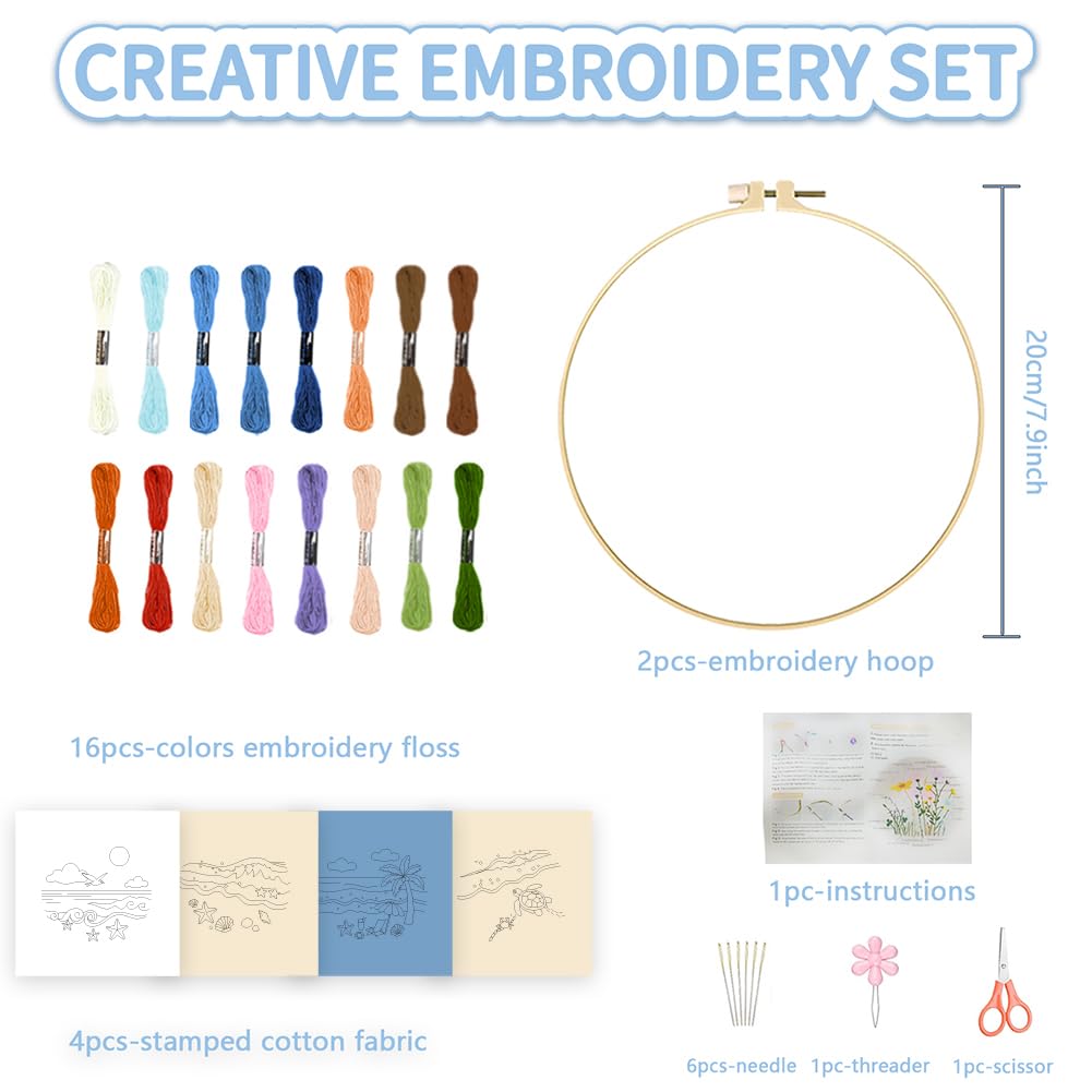 FREEBLOSS 4 Set Embroidery Kit for Beginners Adult Beach Stamped Embroidery Starter Kit with Instructions Needlepoint Accessories and Supplies for Craft Lover Hand Stitch, 2 Hoops 11.6"/29.5cm