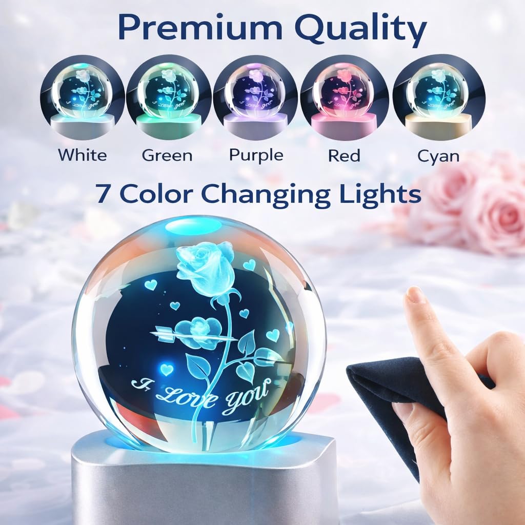 Zerelys Valentine’s Day Romantic Gift for Him Her -3D Rose Crystal Night Light Gifts for Girlfriend Wife Husband Couples Wedding Anniversary Birthday Keepsake with Automatic Rotating Light Led Base