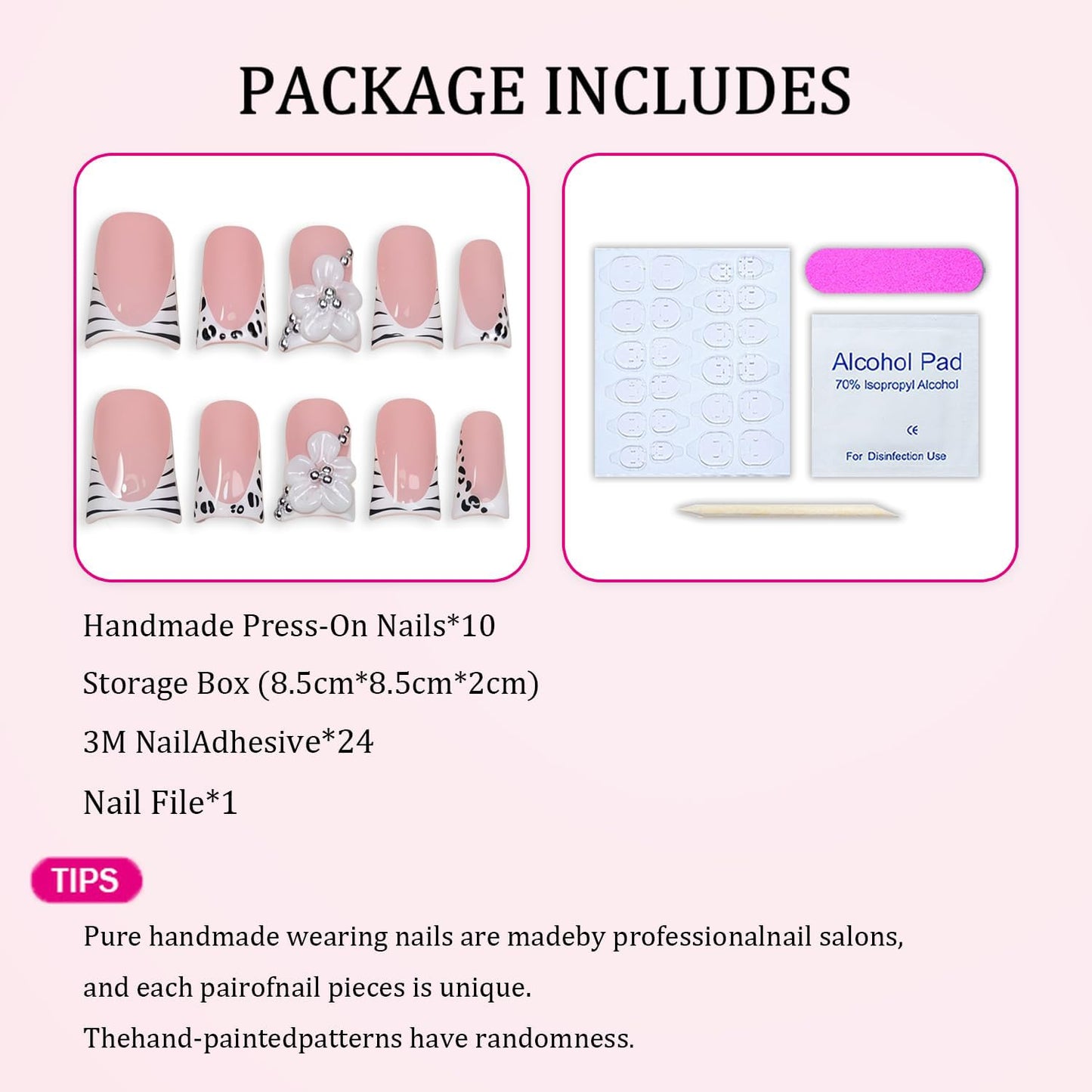 Handmade Press on Nails Short Duck Stick on Nails Zebra Stripes French Tip Fake Nails 3D HandmadeFlowers with Designs Thick Full Cover Acrylic Nails False Nail for Women（M)