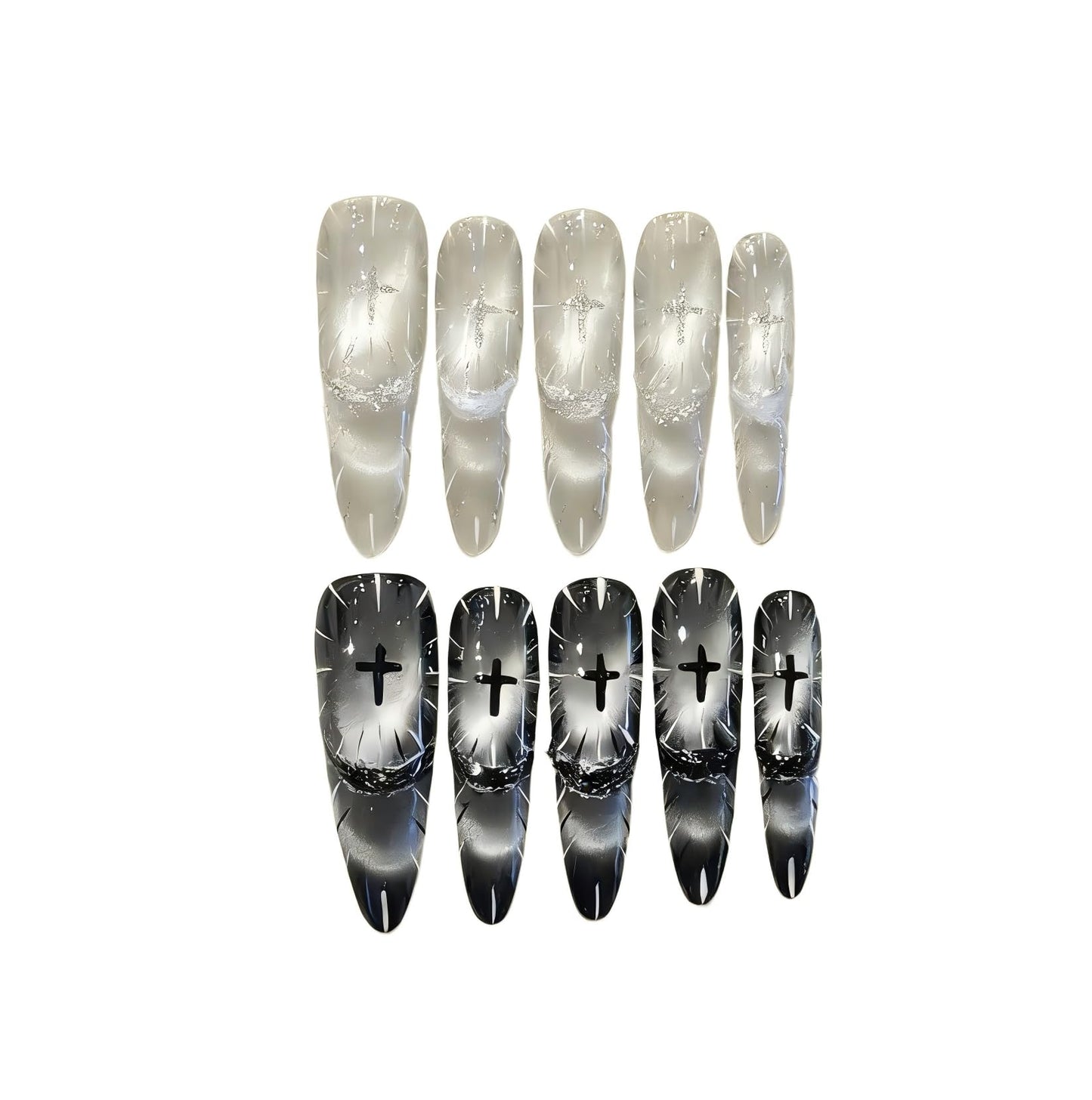 Gothic Fake Nails Set | Stiletto Almond Fake Nails with Silver Crackle & Black Gradient | Long Press on Nails for Women | Dark Aesthetic Nail Art(M)