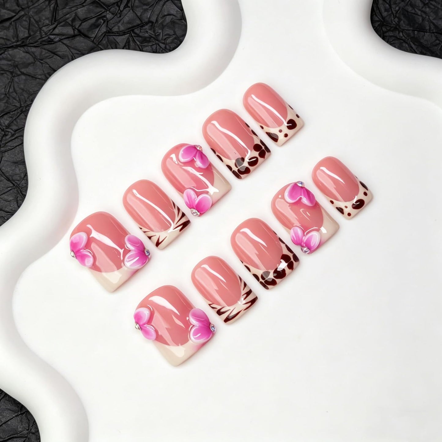 Luxury Handmade Press on Nails Pink White Gradient 3D Flower Fake Nails Stylish Short Square with Classic Leopard French Tip False Nail Thick Muti-Layer Gel Acrylic Stick on Nails for Women (M)