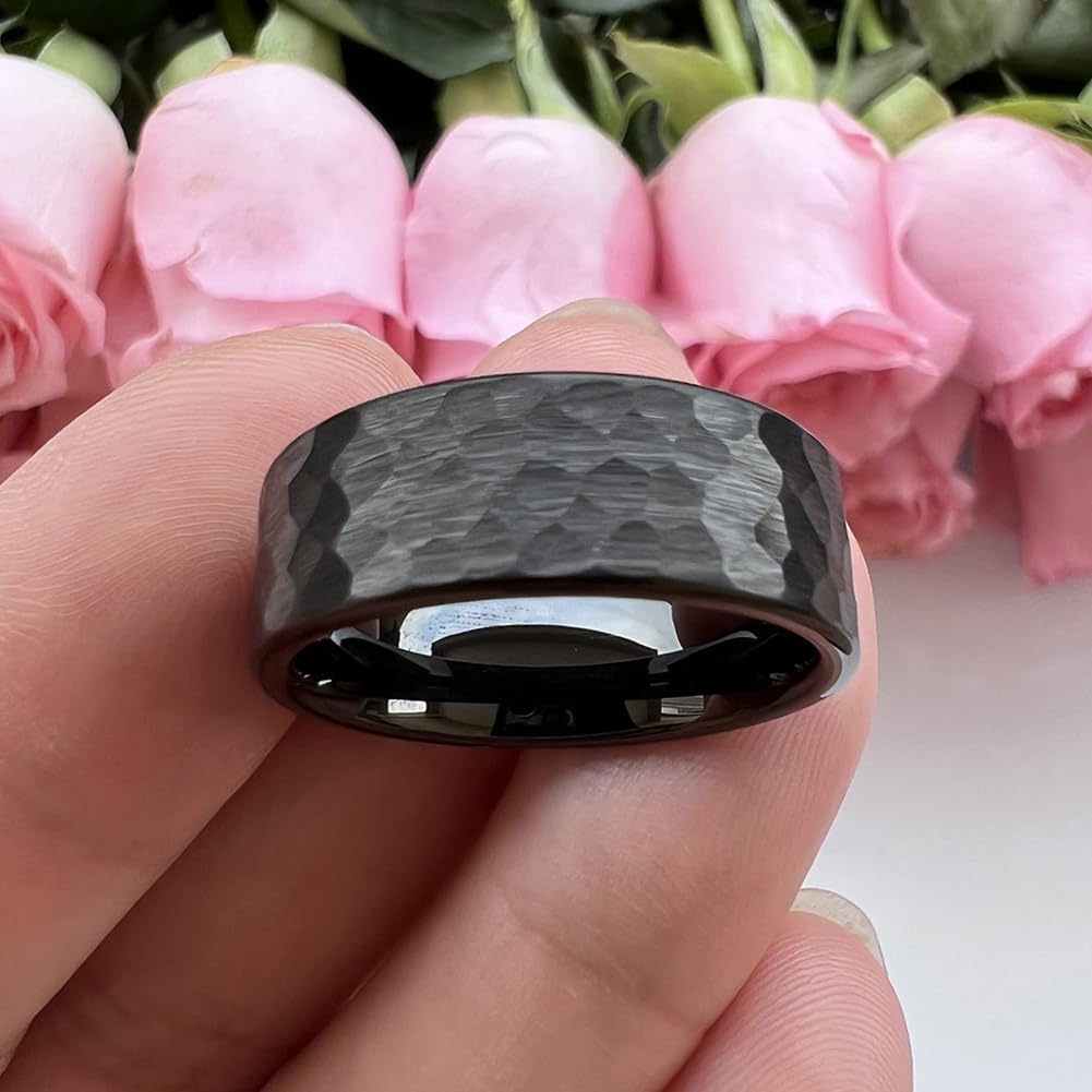 TUTISS 8mm Black Hammered Tungsten Rings for Men Women Fashion Engagement Wedding Bands Pipe Cut Matte Finish Comfort Fit Size 10