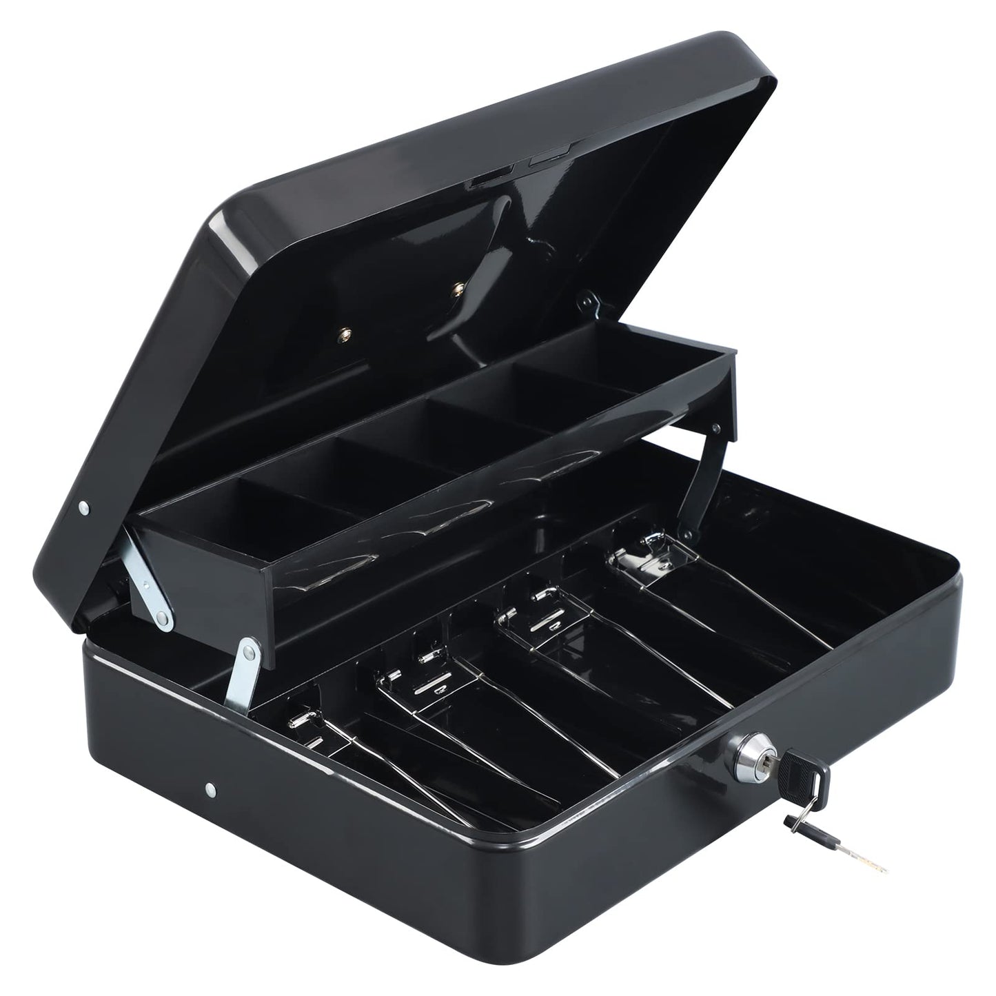 xydled Cash Box with Money Tray and Key Lock,Tiered, Cantilever Design,4 Bill / 5 Coin Slots,11.8" x 9.5" x 3.5",Black