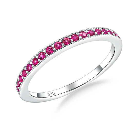 AGRULE Ruby Birthstone Ring 0.4 Cttw Half Eternity Band Rings 14k White Gold Plated Sterling Silver Bezel Set July Birthstone Wedding Bands 1.7mm Wide Anniversary Rings for Men Women, Size 7