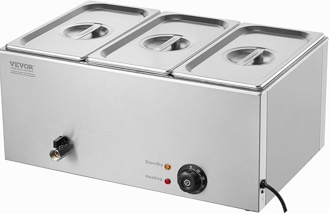VEVOR 3-Pan Commercial Food Warmer, 24QT Electric Steam Table, 1200W Professional Countertop Stainless Steel Buffet Bain Marie with 86-185°F Temp Control for Catering and Restaurants, Silver