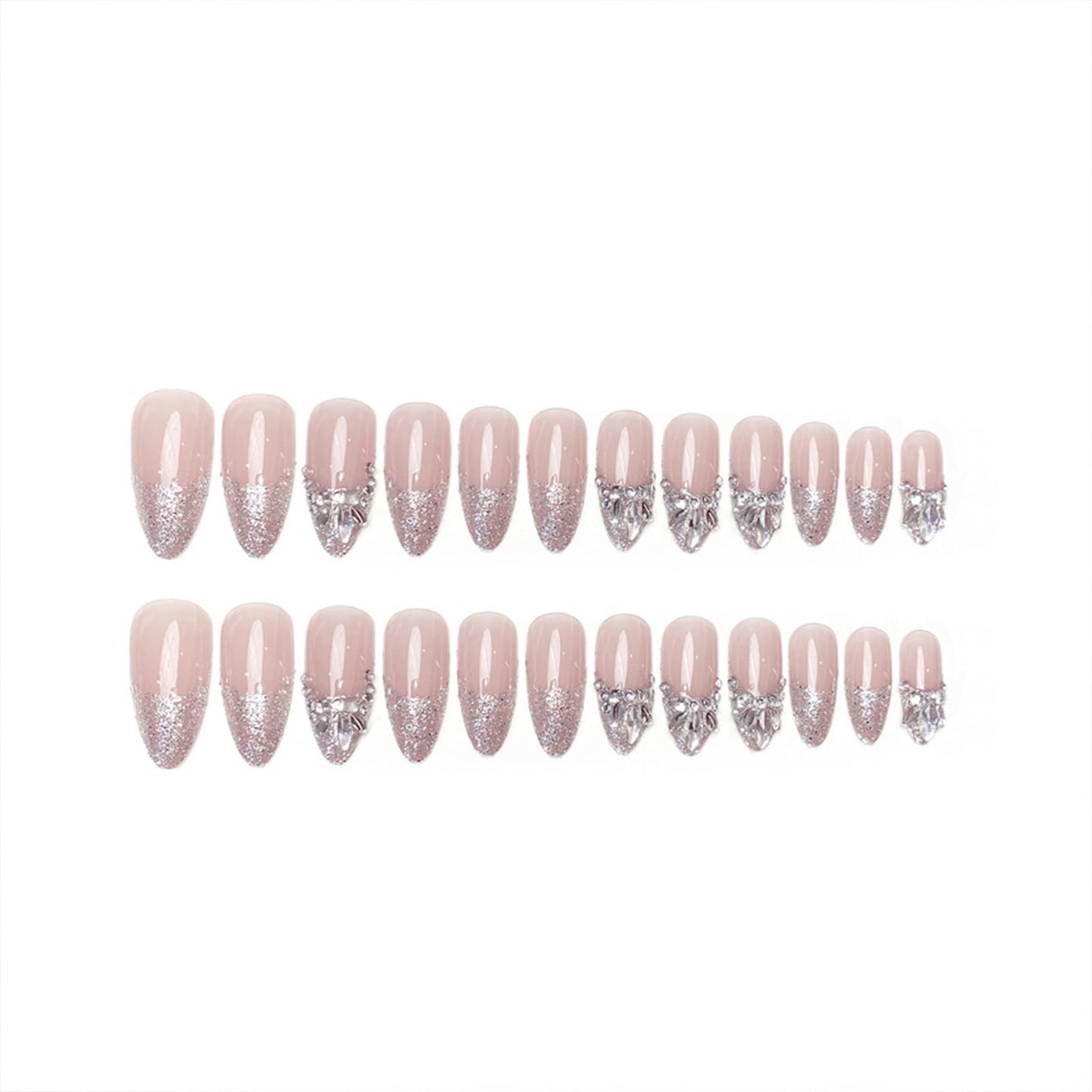 SINHOT Luxury Press on Nails - Medium Almond Fake Nails, Glossy Finish, French Tip & 3D Rhinestones, DIY Artificial False Nail Art - 24 Pcs Nail Kit with Glue