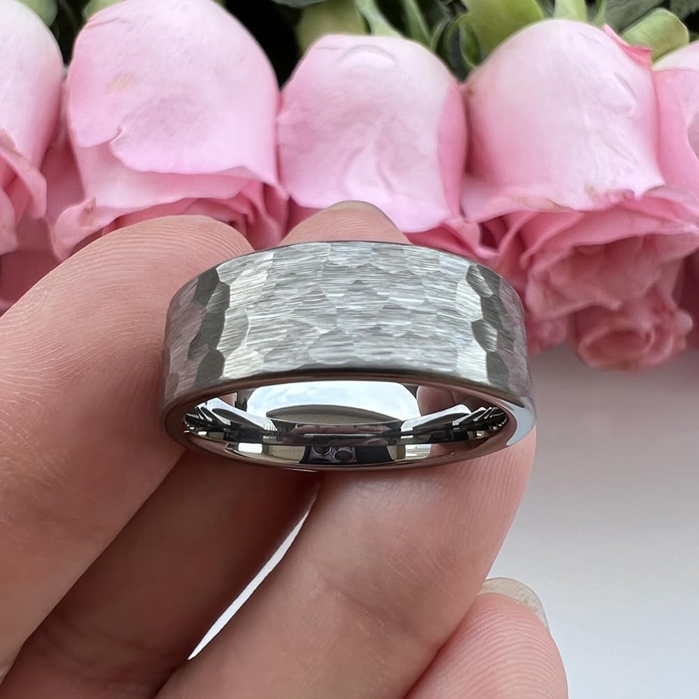 TUTISS 8mm Hammered Tungsten Rings for Men Women Fashion Engagement Wedding Bands Pipe Cut Matte Finish Comfort Fit Size 10