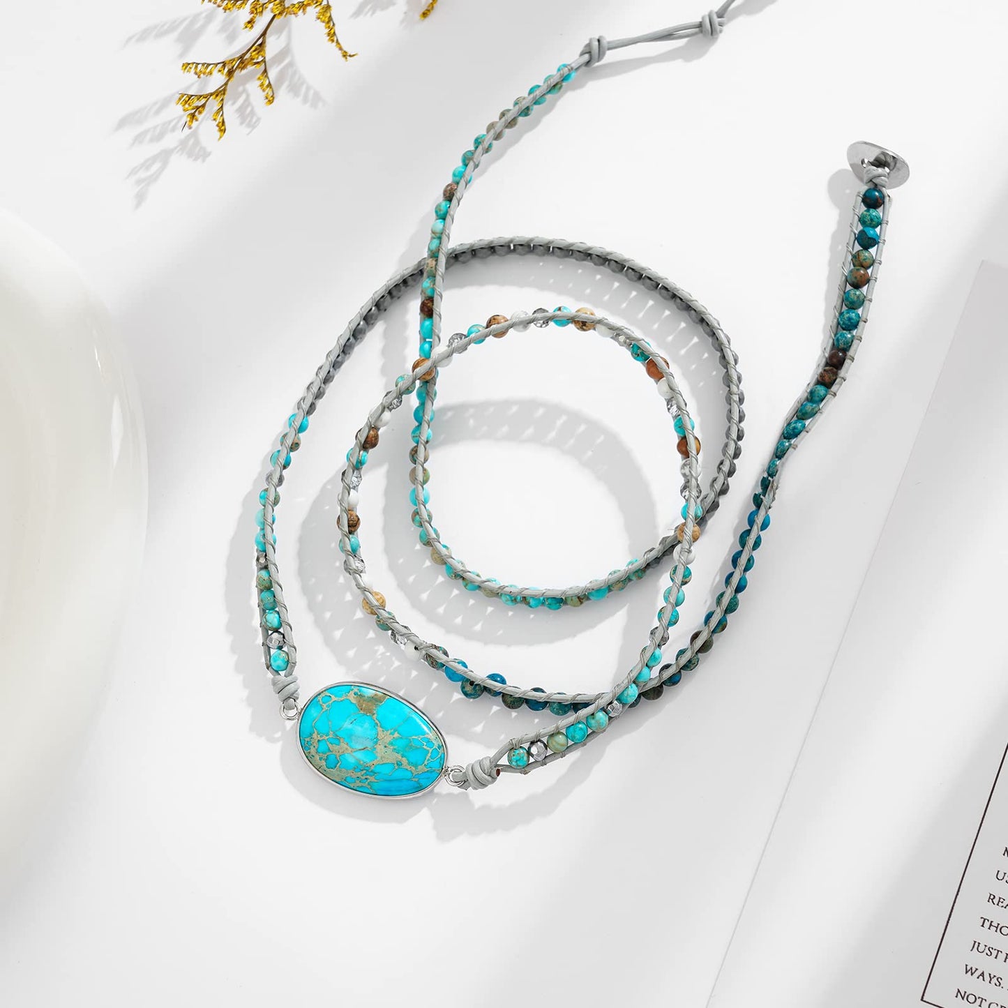 Plumiss Boho Wrap Bracelets Natural Turquoise Stone Crystal Bead Wrap Bracelet for Women Men