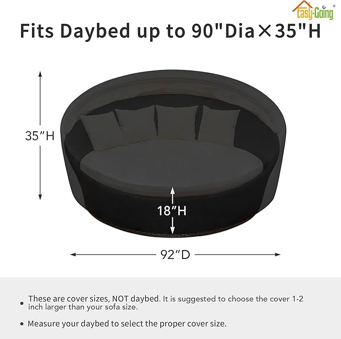 Easy-Going Heavy Duty 600D Outdoor Daybed Cover 92 Inch UV Resistant Patio Round Sofa Cover Waterproof Outdoor Canopy Daybed Sofa Cover with Air Vent 92" Dia x 35"/18" H, Black