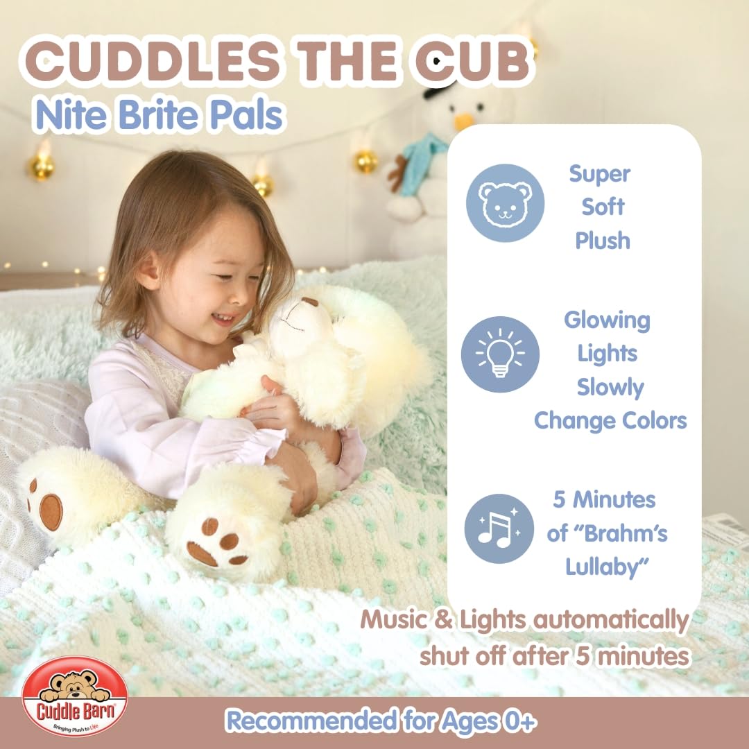 Cuddle Barn - Nite Brite Pals Cuddles the Cub | Large Glowing Musical Extra Soft Teddy Bear, LED Nightlight Changes Colors, Plays Brahm's Lullaby - Plush Bedtime Soother for Kids - 14 inches