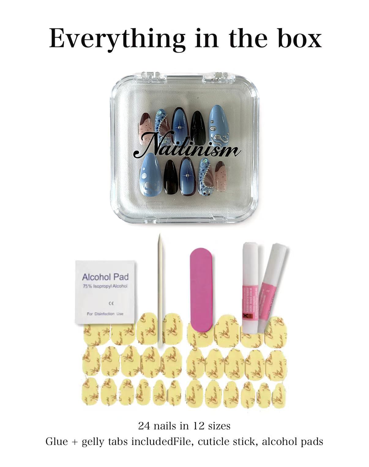 Black & Blue Press On Nails Medium Almond, Mixed Solid Colors with Rhinestone Accents, 24pcs Gel Nail Kit by Nailinism