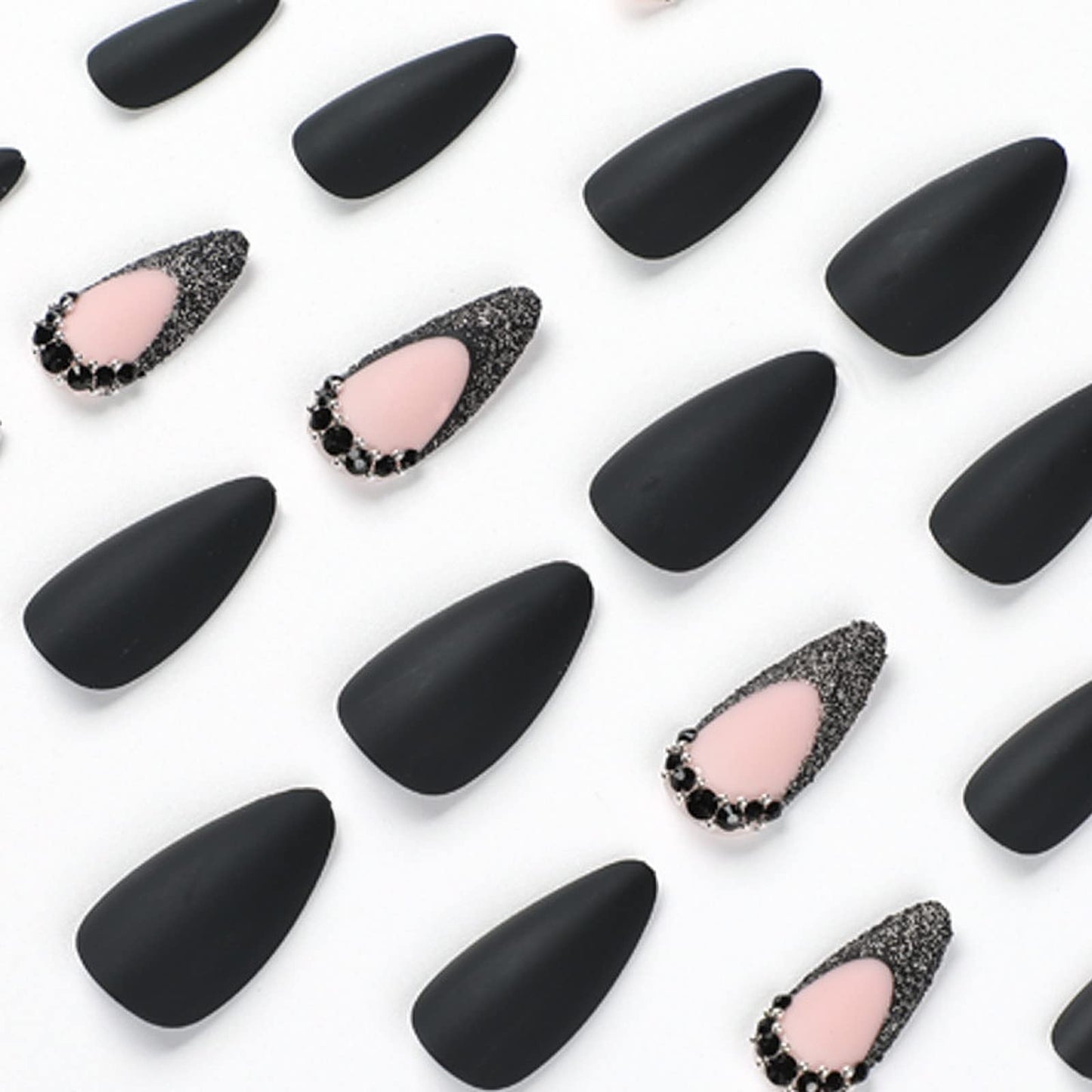 MISUD Press on Nails - Medium Stiletto Glue on Nails with Matte Black, Acrylic Bling Glitter Design 24 pcs
