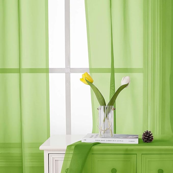 Lecloud Lime Sheer Curtains 84 Inches Long 2 Panels, Solid Voile Light Filtering Long Curtains for Living Room Bedroom, Dual Rod Pockets Transparent Window Treatment Drapes, Each Panel 42" W x 84" L