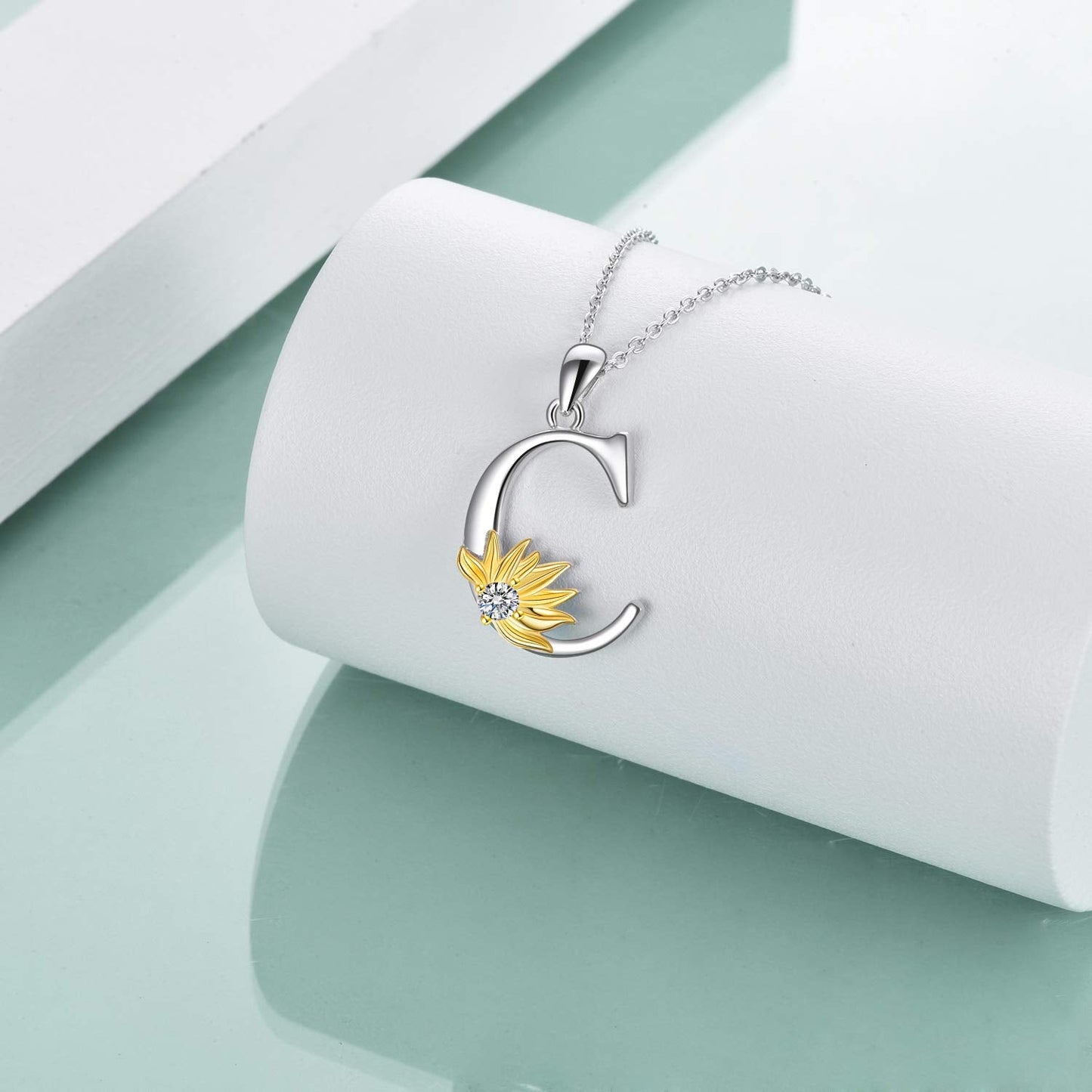 POPLYKE Sterling Silver Initial Alphabet Letter C Name Pendant Necklace for Women for (Sunflower C)