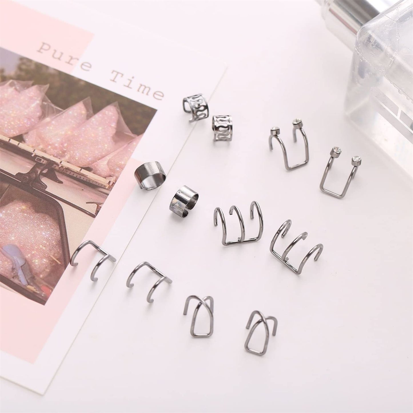 coadipress Ear Cuffs Earrings Set for Women Non-Piercing Stainless Steel Dainty Helix Cartilage Ear Clip On Wrap Earring Set Fake Nose Ring Non-Piercing Adjustable (Silver)