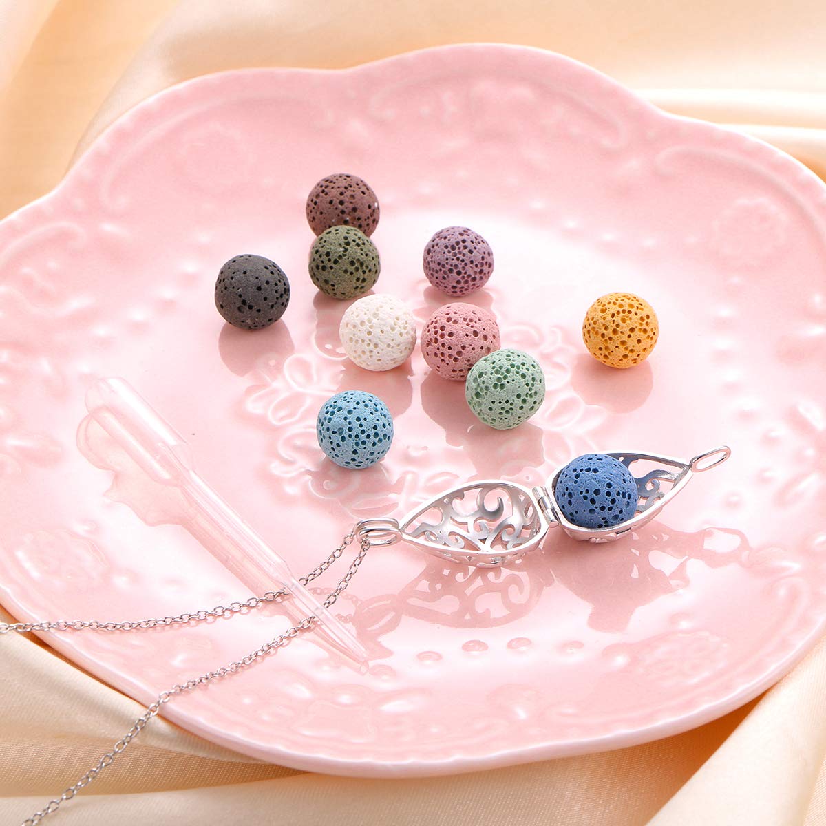 DAOCHONG S925 Sterling Silver Aromatherapy Essential Oil Diffuser Necklace Teardrop Locket Perfume Pendant Necklace Jewelry 18+2 inches Adjustable Chain with 10 PCS Stones