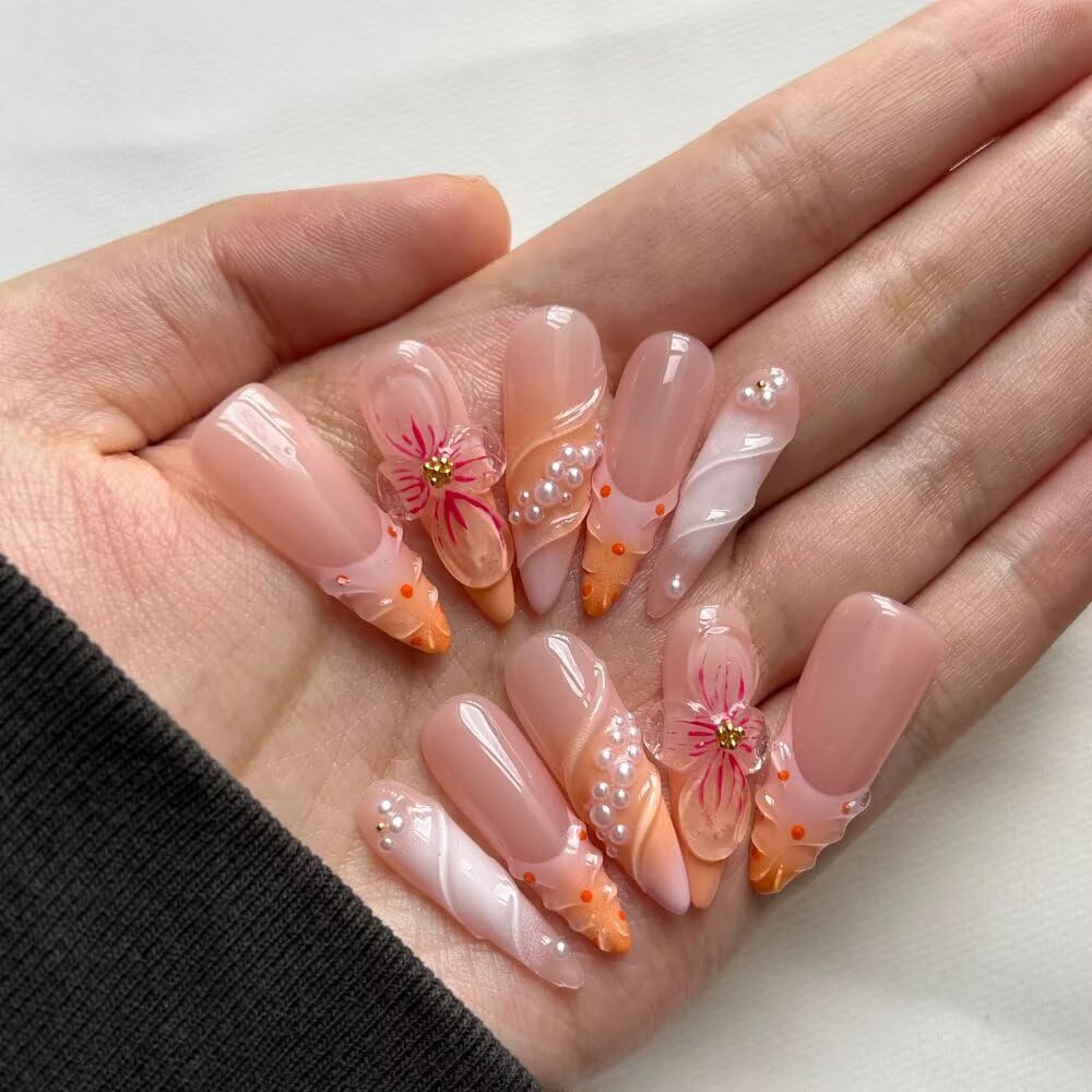 MAGLFELL Handmade Acrylic Long Almond Press On Nails, 3D Art Desigen False Nails for Women, Reusable ABS Material Fake Nails, 10 Pcs Almond Stick On Nails, DIY Nail Art At Home (Size M)