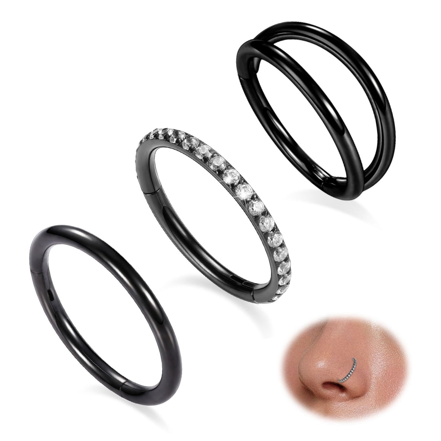 GAGABODY Conch Piercing Jewelry Nose Ring Hoop Earrings 20g Nose Hoop Black 6mm Septum Jewelry Surgical Steel Septum Ring with CZ Septum Clicker Lip Rings Helix Earring Double Hoop Cartilage Earring