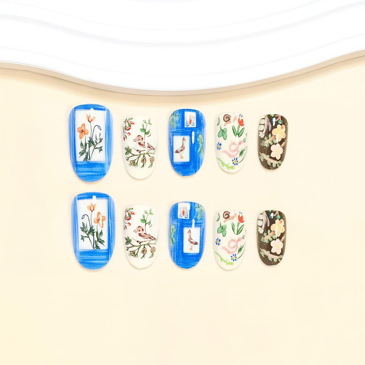 Spring Short Press on Nails Oval - Animal with Flower Design, Oil Painting Style Full Cover Glossy Fake Nails 24PCS for Women Manicure