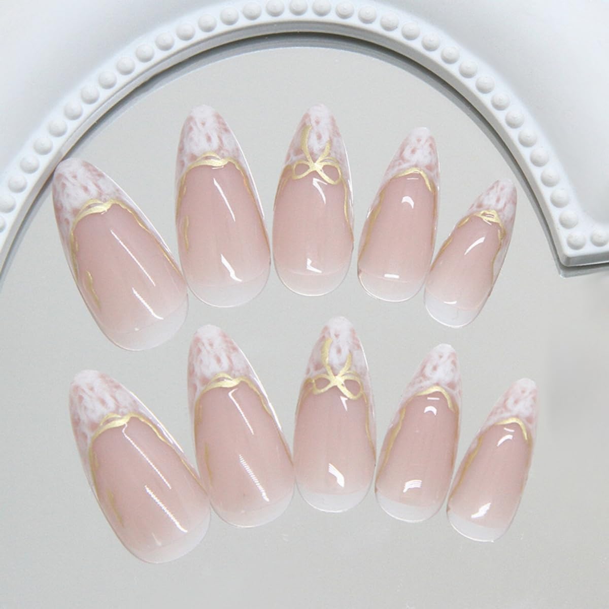 White French Tip Press on Nails Medium Almond Nude Fake Nails with Glue Gold bow Line Stick on Nails Full Cover Glossy Acrylic False Nails for Women DIY Manicure Decoration 24PCS