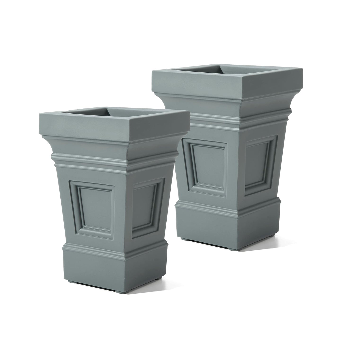 Step2 Atherton Square Planter, Large Planters for Outdoor Plants, Gardening and Flower Pot for Patio or Porch, Efficient Drainage, Durable Plastic, Sage Gray, 2-Pack