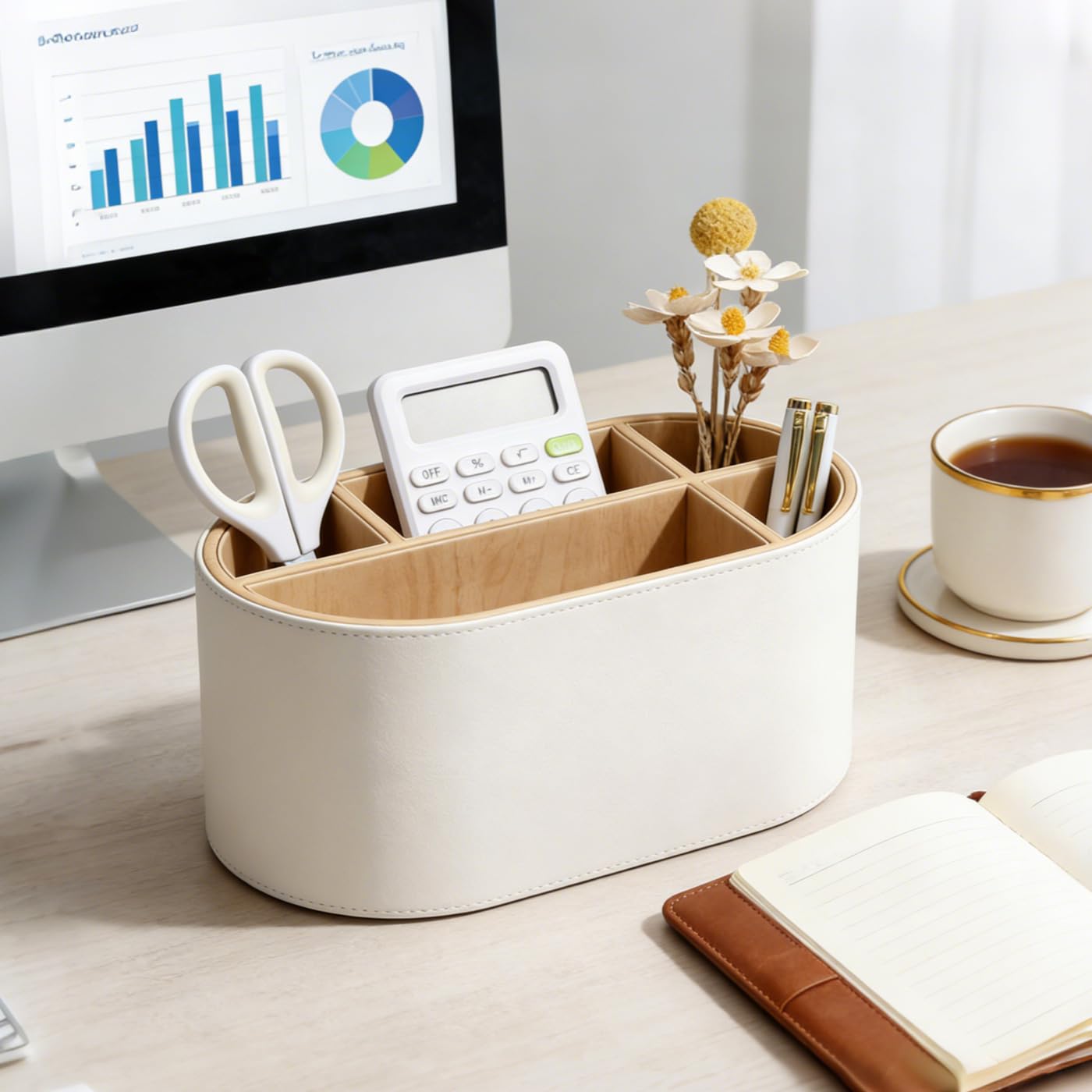 KINGFOM PU Leather Desk Organizer with Multi Compartments, Desktop Caddy Holder for Remote Controls, Pens, Makeup Brushes, Office Accessories (Beige)