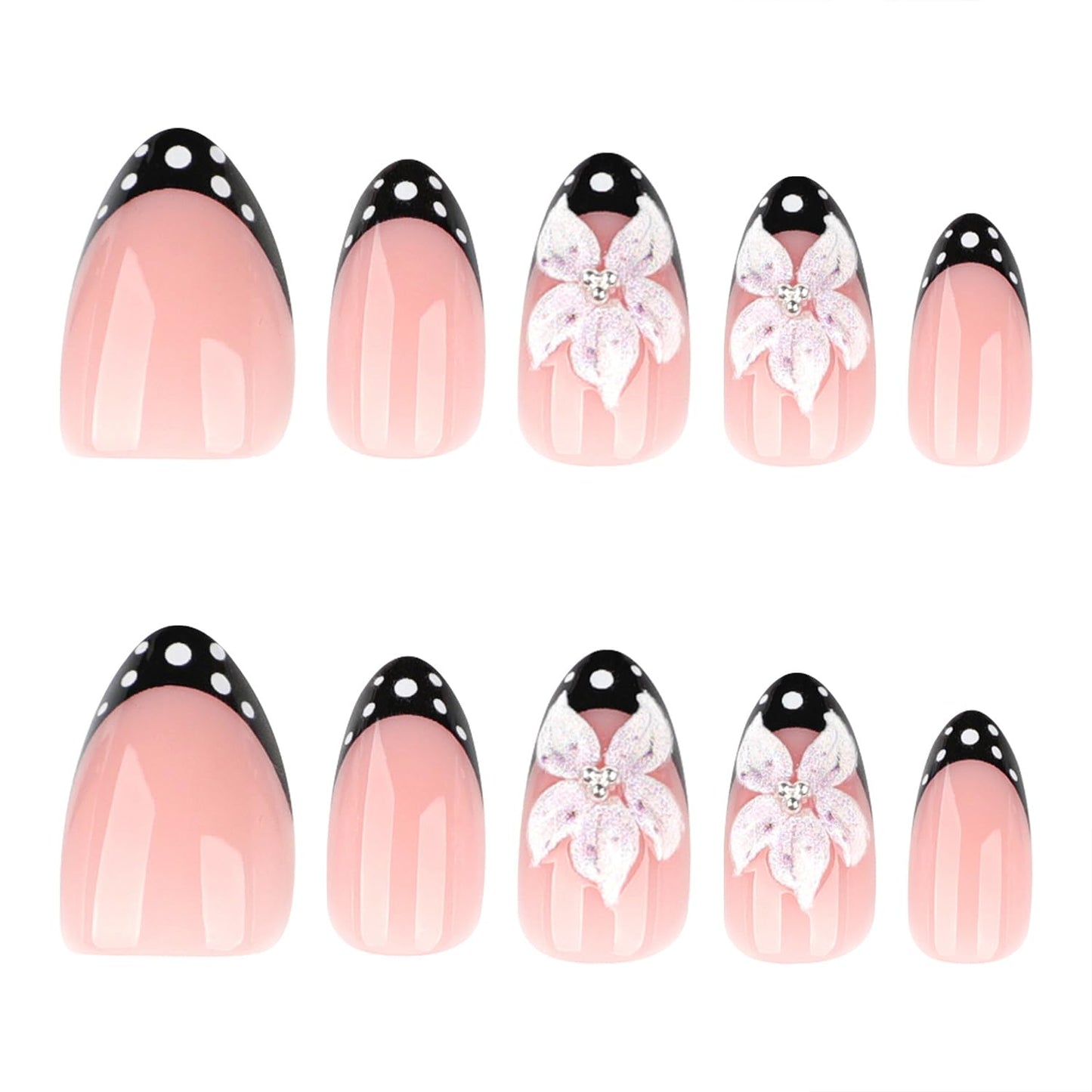 3D Flower Press on Nails Short Almond Nails Press ons with Black French Tip Designs Polka Dot Fake Nails Nude Pink False Nails Reusable Glue On Fake Nails for Women Salon Quality Manicure Set