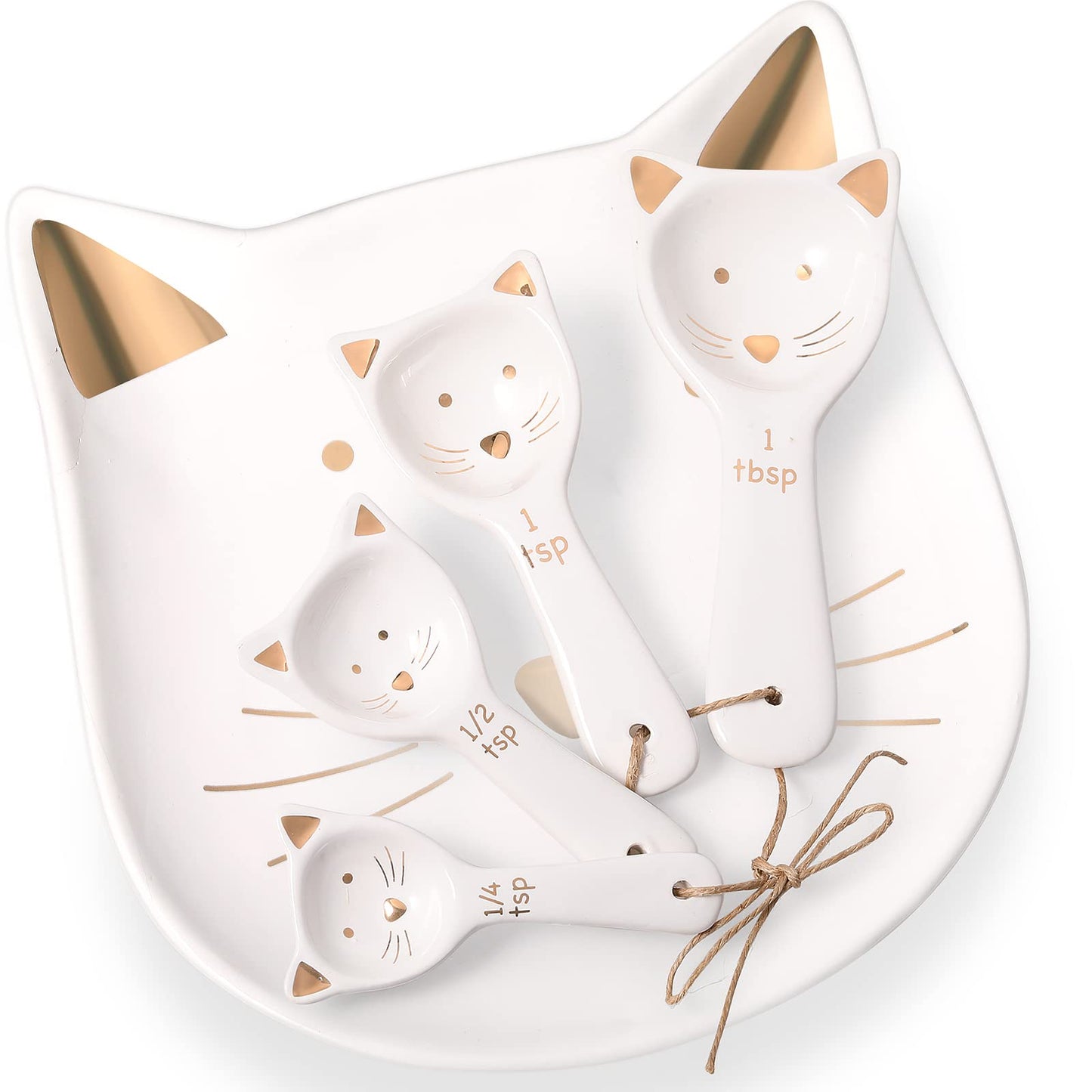 Patelai 5 Pcs Cat Measuring Spoons Set Kitchen Ceramic Counter Cat Ceramic Soup Spoon for Christmas Women Gift(White)