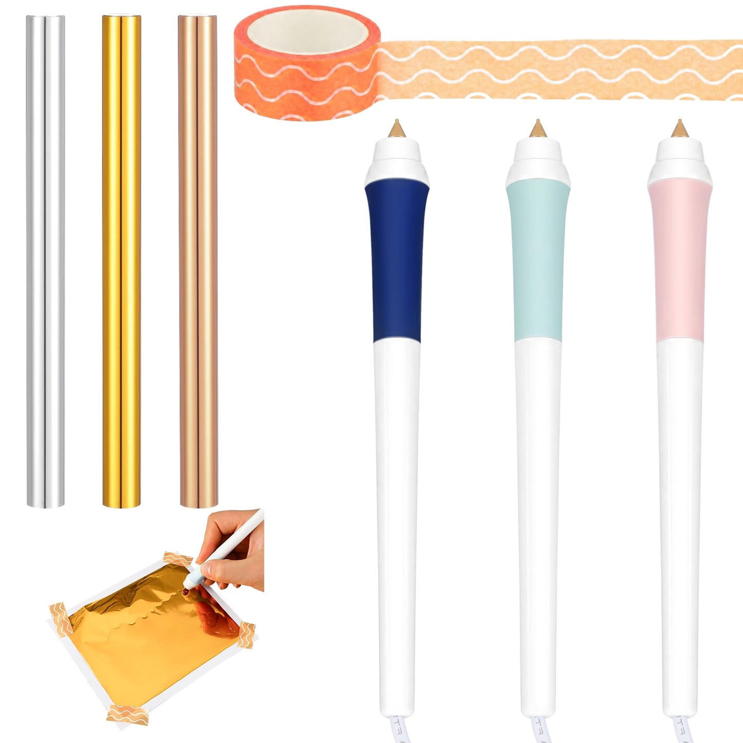 Maitys USB Hot Foil Pen Starter Kit with 3 Tips Gold Silver Copper Foil Rolls & Tape, Fast Heating DIY Foiling Tool for Scrapbooking, Journals, Cards, Planners, Leather Crafts & Gift