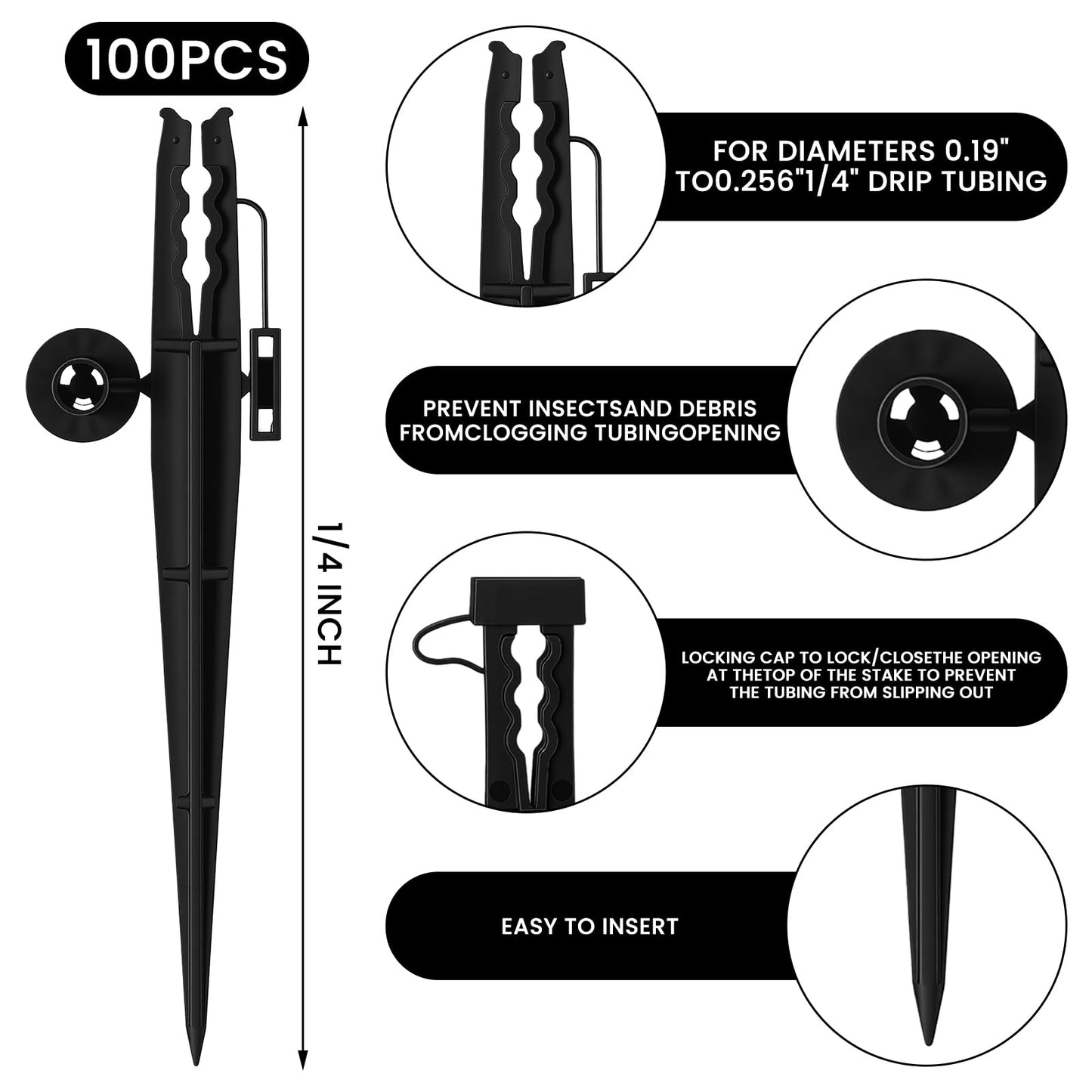 Afarnook 50 Pcs Irrigation 1/4" Tubing Stake with Bug Cap Diffuser and Locking Cap Black Irrigation Support Stakes Drip Stakes Tubing Hose Stake for Micro Sprinkler Gardens Supplies