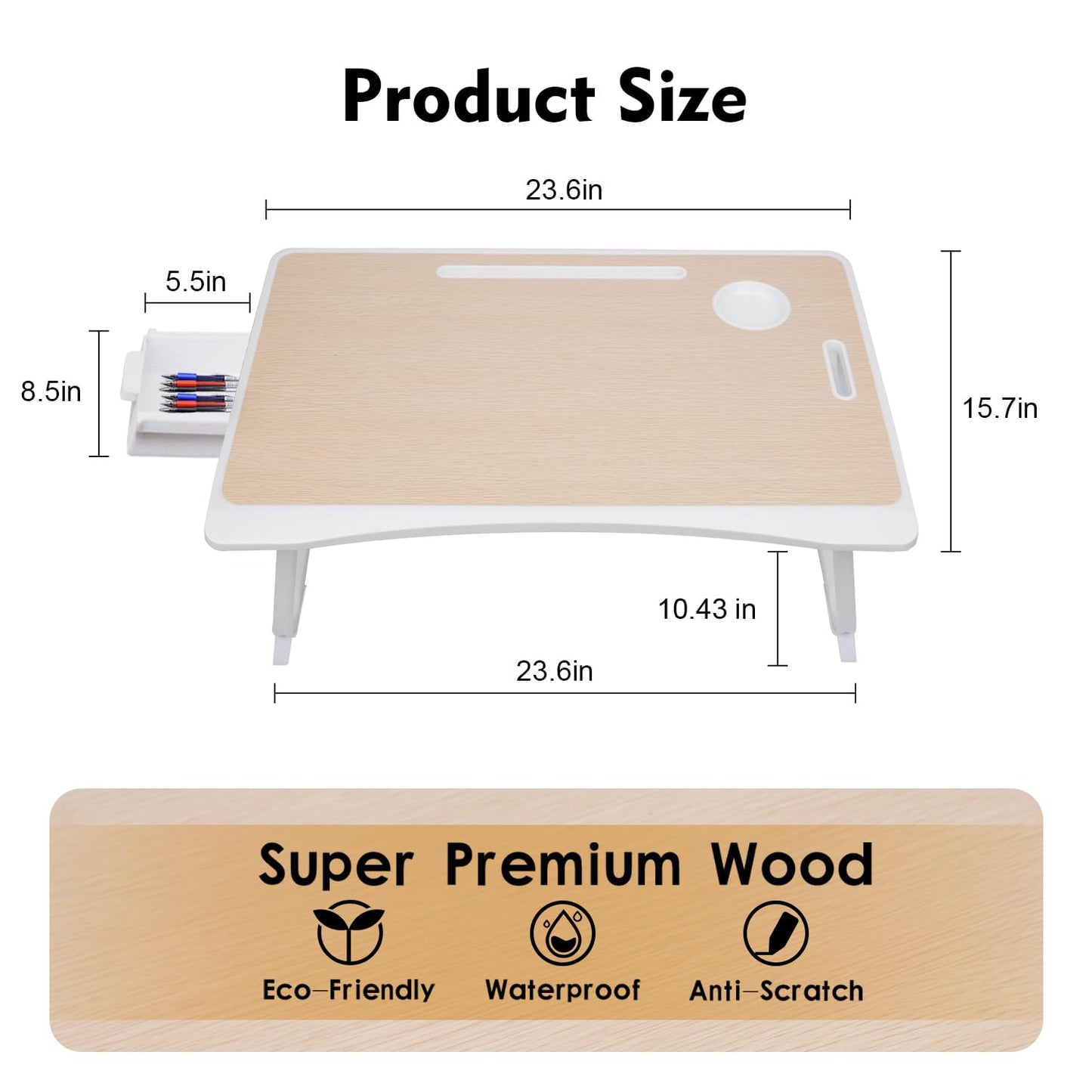 Amaredom Laptop Bed Desk Tray Bed Table, Foldable Portable Lap Desk Notebook Stand Reading Holder with Storage Drawer and Cup Holder for Eating Breakfast on Bed/Couch/Sofa-White Oak