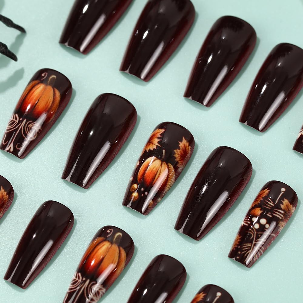 Fall Press on Nails Brown Coffin Nail Press ons Medium Length Maple Leaves Fake Nails with Pumpkin Design Halloween Glue on Nails Gradient Autumn False Nail for Women