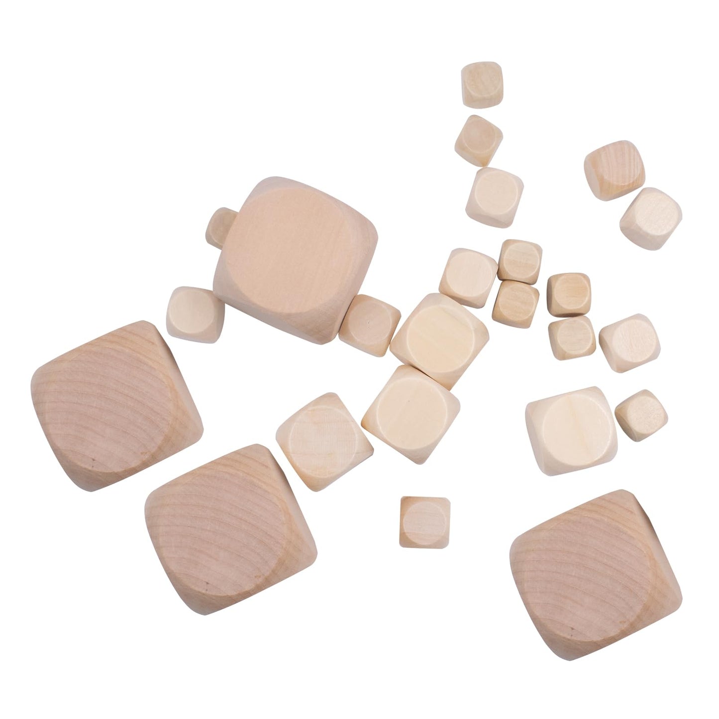 24 Pcs Blank Wooden Dice, 4 Sizes Unfinished Wood Cubes with Rounded Corners, 6 Sided Square Blocks for DIY Craft Projects, Board Game, Party Supplies