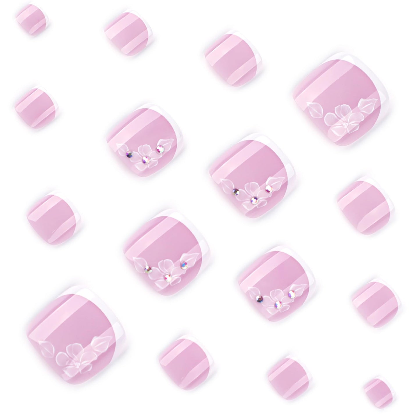 24Pcs Flower Press on Toenails Whiter French Tip Fake Toenails Short Square False Toe Nails for Women Full Cover Stick on Toe Nails Glue on Toe Nails Summer Toenails Manicure Kit