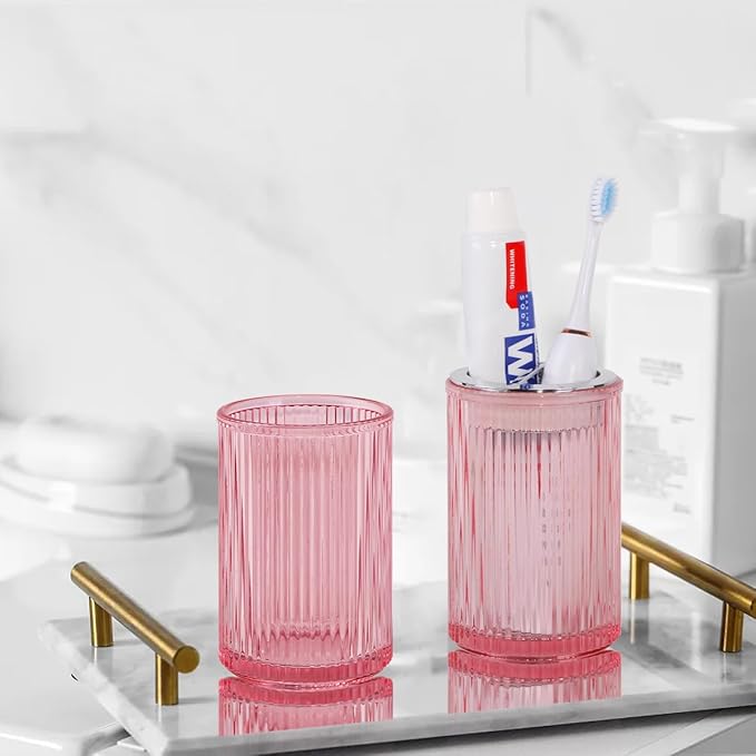 Pink Toothbrush Holders for Bathrooms, 2pcs Glass Toothbrush Holder and 12oz Bathroom Tumbler Cup Set, Silver Tooth Brush and Toothpaste Organizer for Bathroom Vanity Countertop