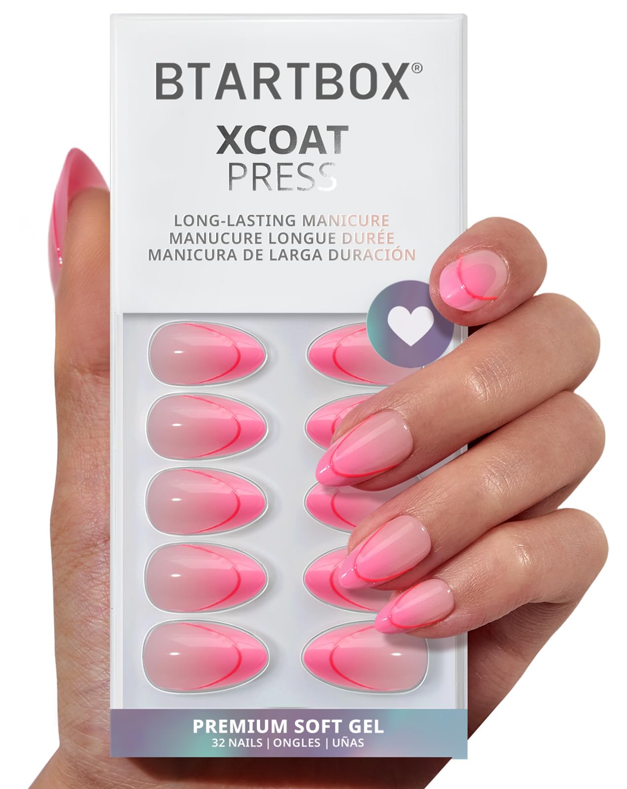 BTArtbox French Tip Press On Nails - Social Grace, Lamp-Curable 4-Week Wear Hot Pink Short Almond Press On Nails with Glue and Adhesive Tabs, Easy-to-Apply in 16 Sizes - 32 Nails All-in-One Kit