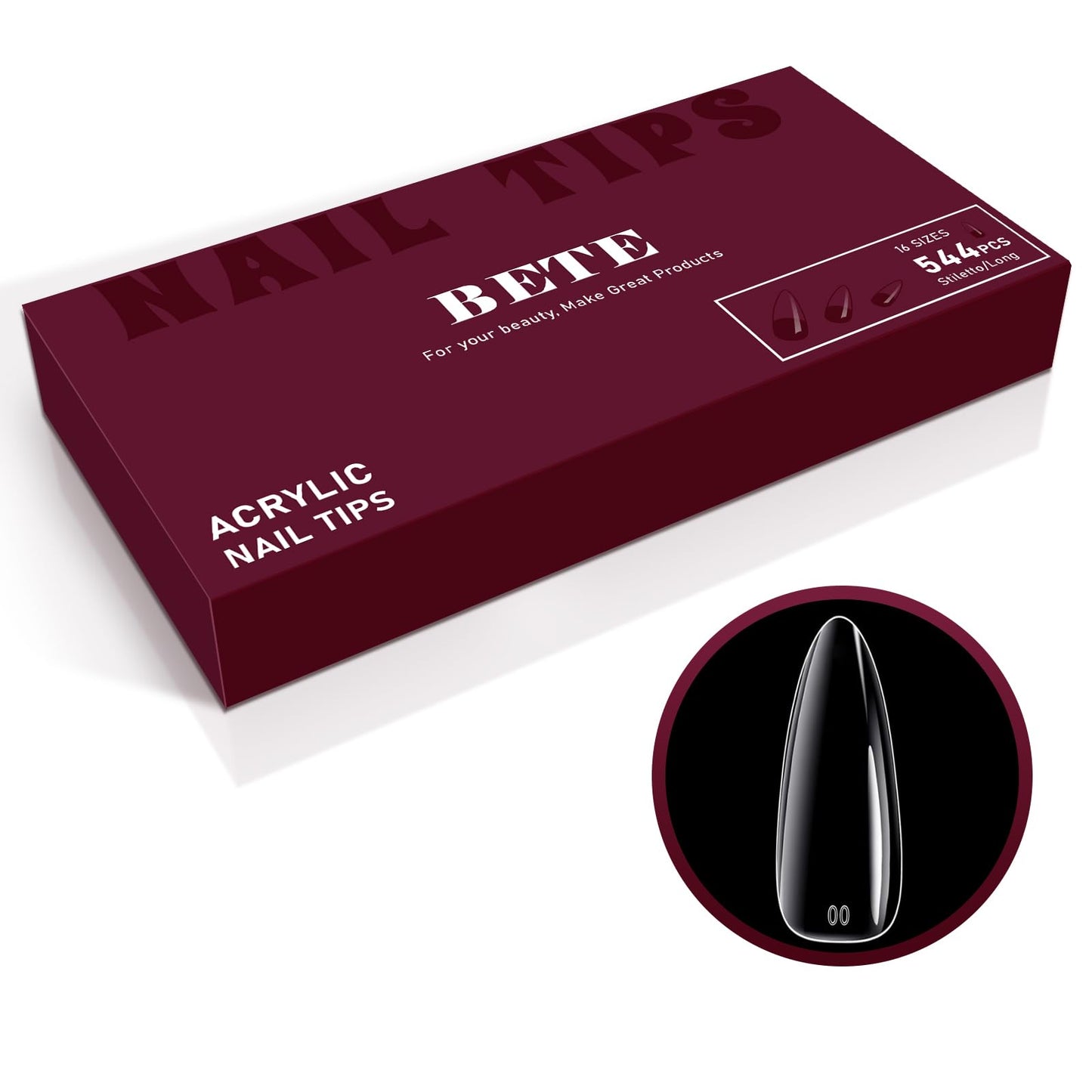 BETE Long Stiletto Clear Acrylic Nail Tips–544Pcs 16 Sizes with Half Sizes, Tipex Instant Apex Full Cover False Nails, Pre-Shaped Strong Thick Press On Nails for Home & DIY Manicure