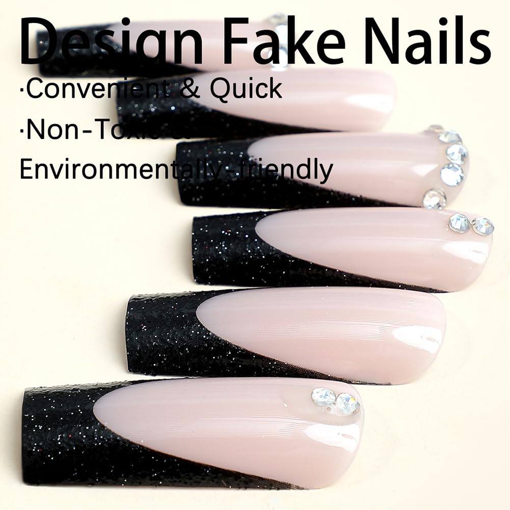 RUPOFUZA Extra Long Press on Nails Black French Tip Glitte Powder Fake False Nails 24Pcs Square with Butterfly Charms Designs Acrylic Nail Press ons Artificial Stick on Nail for Women