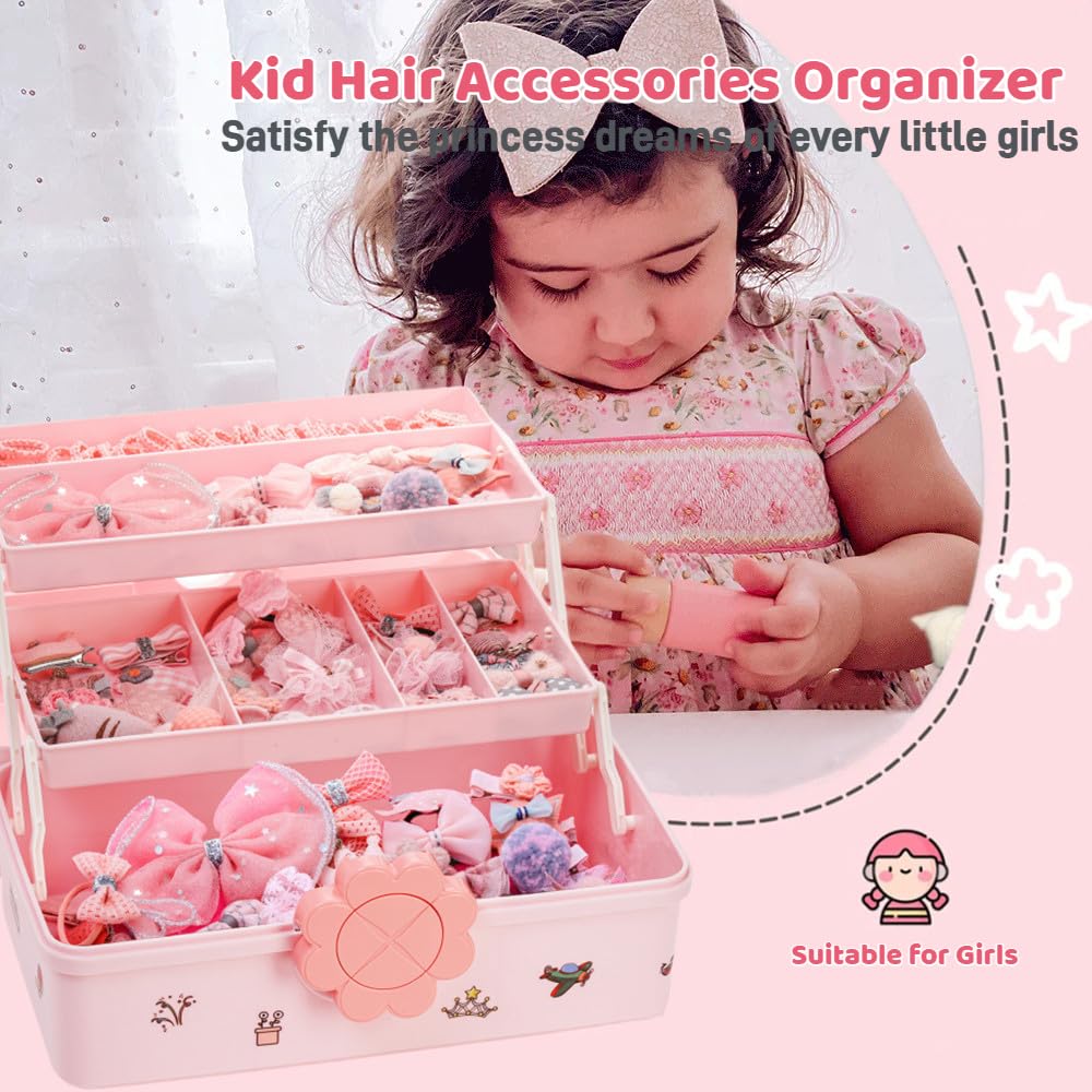 ZOOFOX Cute Hair Accessories Organizer for Girls, 3-Layers Pink Craft Storage Container with Handle, Lockable Storage Box for Hair Clip, Headband, Scrunchie, Cosmetic, Sewing, Toy, Washi Tape