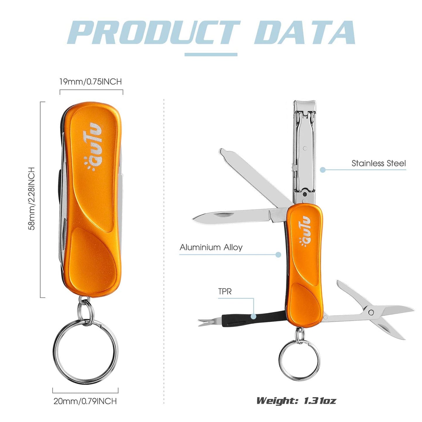 OUTU Keychain Nail Clippers Multitool, 7 in 1 EDC Utility Tool with Nail Clipper, Scissors, Gifts for Him Men Husband Dad Boyfriend (Orange)